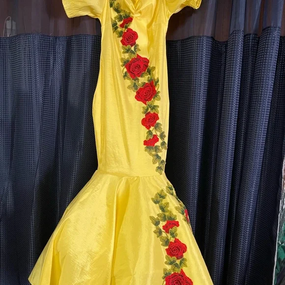 Yellow Dress with Red Rose Embroidery